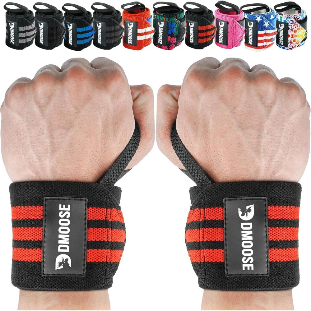 imageDMoose Fitness Wrist Wraps for Weightlifting 18quot  Heavy Duty Gym Wrap with Hand Thumb Loop for Support ampamp Pain Relief USPA Approved Powerlifting Weight Lifting Wrist Straps for Men ampamp Women Work OutRed Stripes I