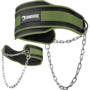 DMoose Fitness Dip Belt for Weight Lifting, Pullup, Squats & Dips – 36″ Robust Steel Chain, Comfortable Neoprene Padding Supports 350lbs – Gym Weight Belt for Strength Training Workout & Weightlifting(Military Green)