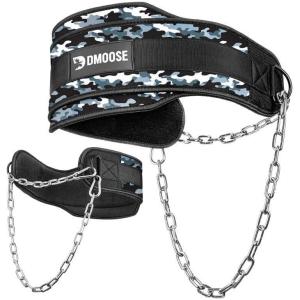 DMoose Fitness Dip Belt for Weight Lifting, Pullup, Squats & Dips – 36″ Robust Steel Chain, Comfortable Neoprene Padding Supports 350lbs – Gym Weight Belt for Strength Training Workout & Weightlifting(Gray Camo)