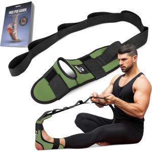 DMoose Fitness Foot & Calf Stretcher with Adjustable Padded Stretching Strap for Plantar Fasciitis, Hamstring, Heel Spurs and Achilles Tendonitis Relief – Yoga Leg Stretch Strap for Flexibility(Military Green)
