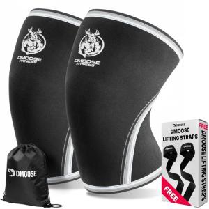 DMoose Fitness Knee Sleeves for Men & Women (Pair) 7mm Neoprene Non Slip Knee Brace Support for Powerlifting & Weightlifting, Compression Sleeve for Joint Pain Relief – With Carry Bag & Lifting Straps(Black Legacy)