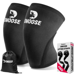 DMoose Fitness Knee Sleeves for Men & Women (Pair) 7mm Neoprene Non Slip Knee Brace Support for Powerlifting & Weightlifting, Compression Sleeve for Joint Pain Relief – With Carry Bag & Lifting Straps(Black)