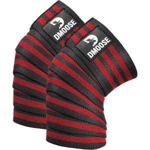 DMoose Fitness Knee Wraps for Weightlifting (Pair) – 78” Gym Brace Straps for Joint Stability & Pain Relief – Perfect for Squats & Working Out – USPA Approved Knee Wrap Supports for Men and Women(Red Stripes (Pair))