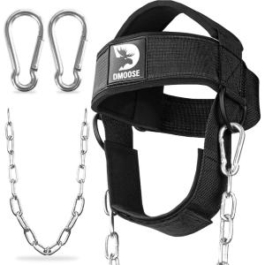 DMoose Fitness Neck Harness for Weight Lifting – Soft Padded Head & Chin Strap with 30″ Heavy Duty Steel Chain – Neck Exerciser, Trainer & Strengthener to Support Injury Recovery and Intense Workouts(Black)