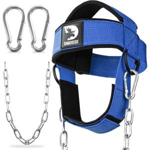 DMoose Fitness Neck Harness for Weight Lifting – Soft Padded Head & Chin Strap with 30″ Heavy Duty Steel Chain – Neck Exerciser, Trainer & Strengthener to Support Injury Recovery and Intense Workouts(Blue)
