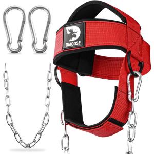 DMoose Fitness Neck Harness for Weight Lifting – Soft Padded Head & Chin Strap with 30″ Heavy Duty Steel Chain – Neck Exerciser, Trainer & Strengthener to Support Injury Recovery and Intense Workouts(Red)