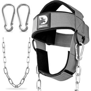 DMoose Fitness Neck Harness for Weight Lifting – Soft Padded Head & Chin Strap with 30″ Heavy Duty Steel Chain – Neck Exerciser, Trainer & Strengthener to Support Injury Recovery and Intense Workouts(Gray)