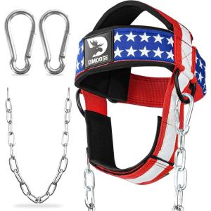 DMoose Fitness Neck Harness for Weight Lifting – Soft Padded Head & Chin Strap with 30″ Heavy Duty Steel Chain – Neck Exerciser, Trainer & Strengthener to Support Injury Recovery and Intense Workouts(American)