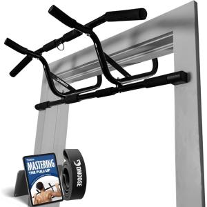 DMoose Fitness Pull Up Bar for Doorway – Upto 250 Lbs Capacity, No Screwing or Slipping, Hanging Pullup & Chin Up Bar for Door Frame – Multi Padded Grips for Strength Training with Installation Guide(Pull Up Bar + Band Combo)