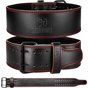 DMoose Fitness Weight Lifting Belt for Lower Back Support – 5mm Thick Genuine Leather Gym Belt for Squats, Deadlifts & Powerlifting – Double Prong Buckle with 10 Holes Adjustability for Men & Women(Black – Red)