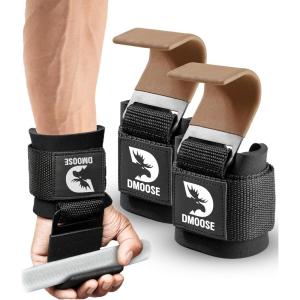 DMoose Fitness Weight Lifting Hooks (Pair) for Deadlifts, Pull Ups, Rows & Shrugs – Anti-Rip Nylon Strap Hand Grips with Thick Wrist Padding – Heavy Duty Wrist Straps for Weightlifting & Gym Workouts(Brown)