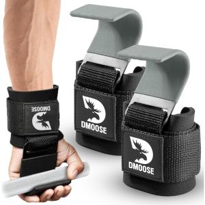 DMoose Fitness Weight Lifting Hooks (Pair) for Deadlifts, Pull Ups, Rows & Shrugs – Anti-Rip Nylon Strap Hand Grips with Thick Wrist Padding – Heavy Duty Wrist Straps for Weightlifting & Gym Workouts(Grey)