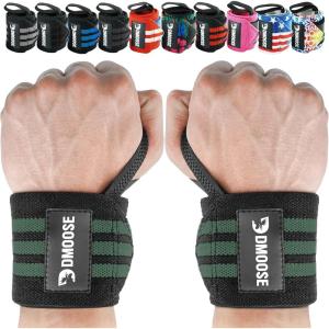 DMoose Fitness Wrist Wraps for Weightlifting 18″ – Heavy Duty Gym Wrap with Hand Thumb Loop for Support & Pain Relief, USPA Approved Powerlifting, Weight Lifting Wrist Straps for Men & Women Work Out(Dark Green Stripes)