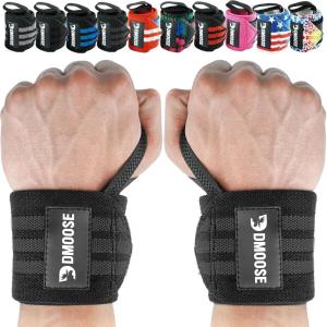 DMoose Fitness Wrist Wraps for Weightlifting 18″ – Heavy Duty Gym Wrap with Hand Thumb Loop for Support & Pain Relief, USPA Approved Powerlifting, Weight Lifting Wrist Straps for Men & Women Work Out(Black Stripes)