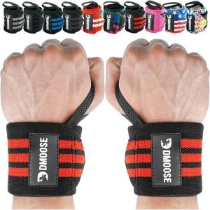 DMoose Fitness Wrist Wraps for Weightlifting 18″ – Heavy Duty Gym Wrap with Hand Thumb Loop for Support & Pain Relief, USPA Approved Powerlifting, Weight Lifting Wrist Straps for Men & Women Work Out(Red Stripes I)