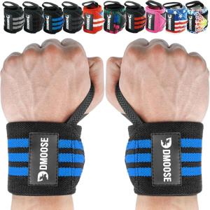 DMoose Fitness Wrist Wraps for Weightlifting 18″ – Heavy Duty Gym Wrap with Hand Thumb Loop for Support & Pain Relief, USPA Approved Powerlifting, Weight Lifting Wrist Straps for Men & Women Work Out(Blue Stripes)