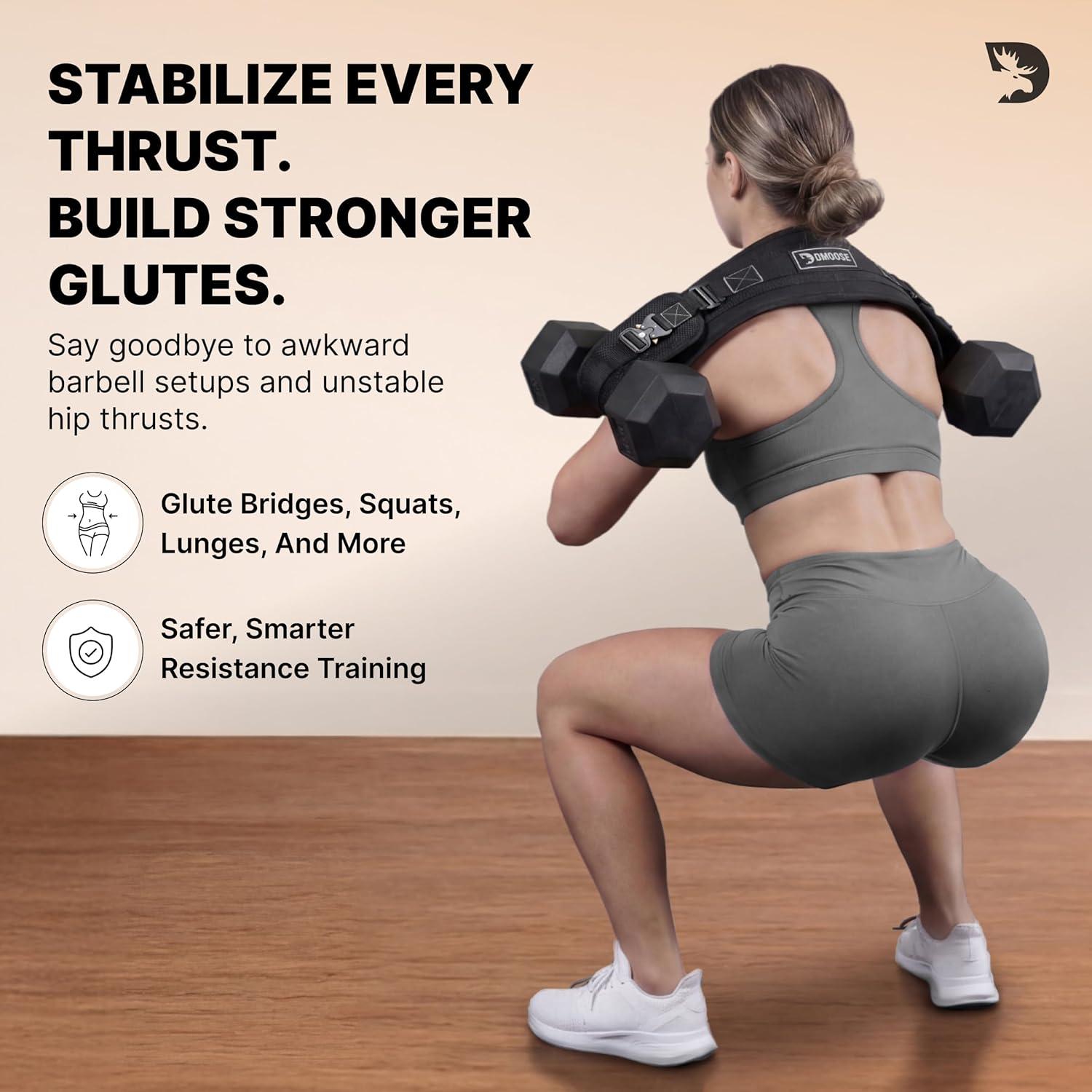 imageDMoose Fitness Hip Thrust Belt DualStrap Glute Builder for Dumbbells Plates Kettlebells Supports up to 700 lbs Comfortable Padded Booty Belt for Home amp GymBlack