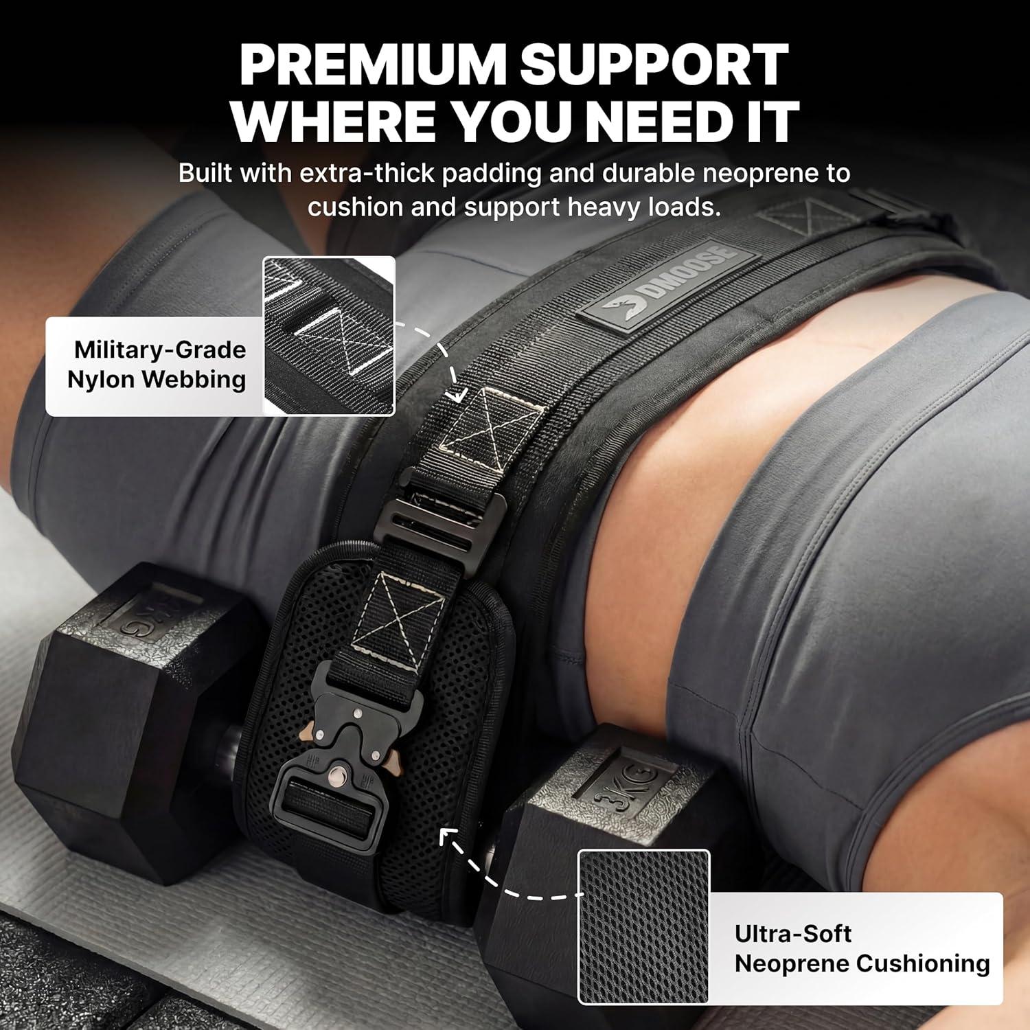 imageDMoose Fitness Hip Thrust Belt DualStrap Glute Builder for Dumbbells Plates Kettlebells Supports up to 700 lbs Comfortable Padded Booty Belt for Home amp GymBlack