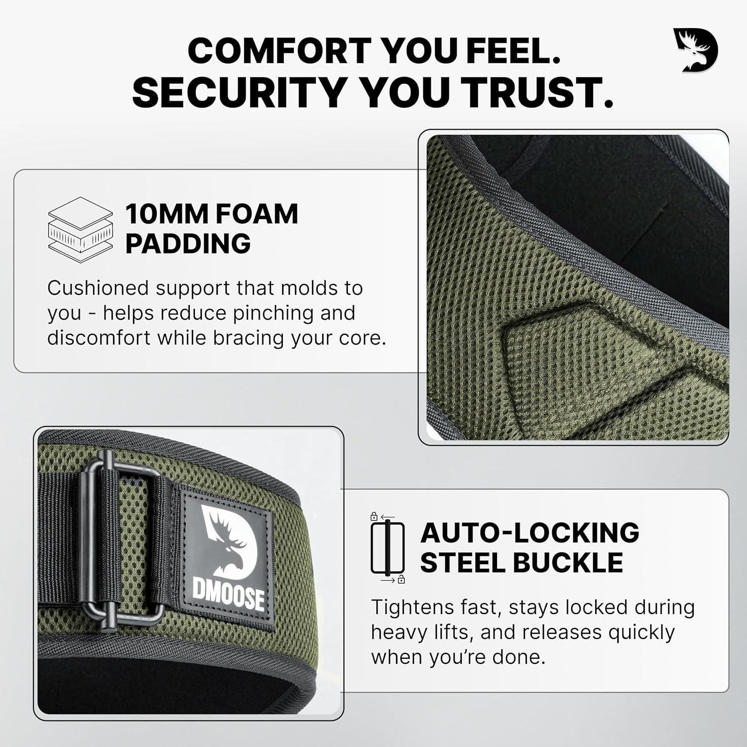 imageDMoose Fitness Weight Lifting Belt for Squats Deadlift amp Intense Workout 6 Adjustable Fit Auto Lock Weightlifting Belt for Men amp Women Neoprene Gym Belts for Stability amp Lumbar Back SupportMilitary Green 20