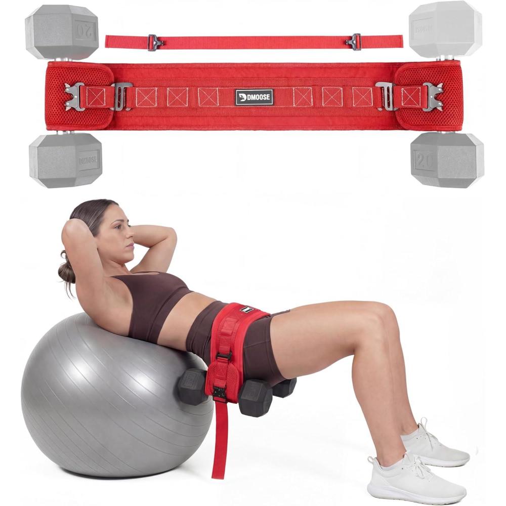 imageDMoose Fitness Hip Thrust Belt  DualStrap Glute Builder for Dumbbells Plates Kettlebells Supports up to 700 lbs  Comfortable Padded Booty Belt for Home amp GymRed