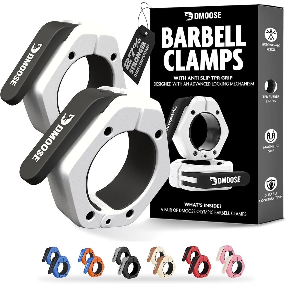 image:imageDMoose Fitness Barbell Clips 2 Inch Pair  Quick Release Olympic Barbell Clamps amp Collars with Anti Slip TPR Grip for Secure Weightlifting and Powerlifting  Weight Clips for Bars at Home or GymWhite