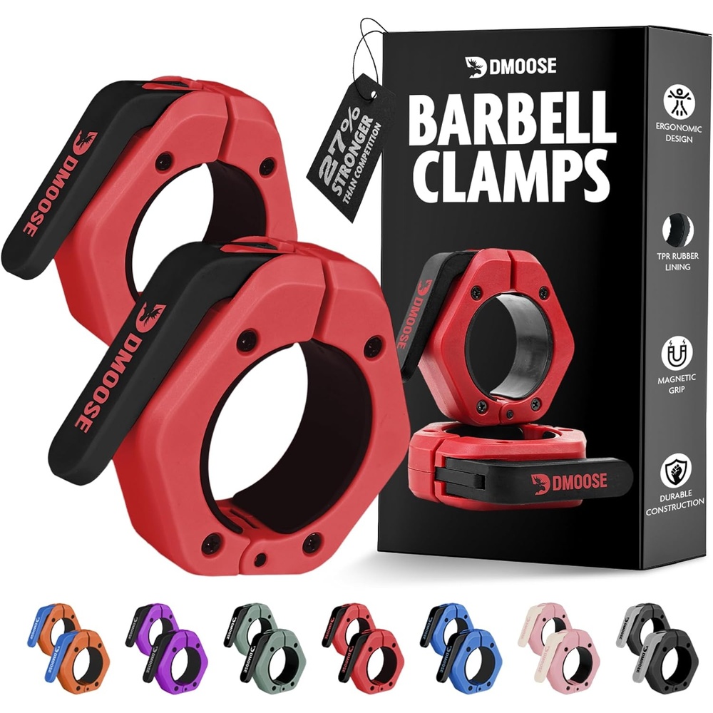 image:imageDMoose Fitness Barbell Clips 2 Inch Pair  Quick Release Olympic Barbell Clamps amp Collars with Anti Slip TPR Grip for Secure Weightlifting and Powerlifting  Weight Clips for Bars at Home or GymRed