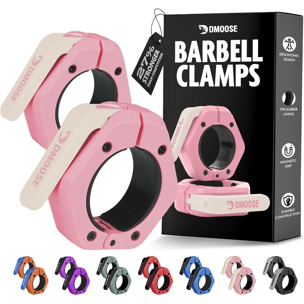 image:imageDMoose Fitness Barbell Clips 2 Inch Pair  Quick Release Olympic Barbell Clamps amp Collars with Anti Slip TPR Grip for Secure Weightlifting and Powerlifting  Weight Clips for Bars at Home or GymPink