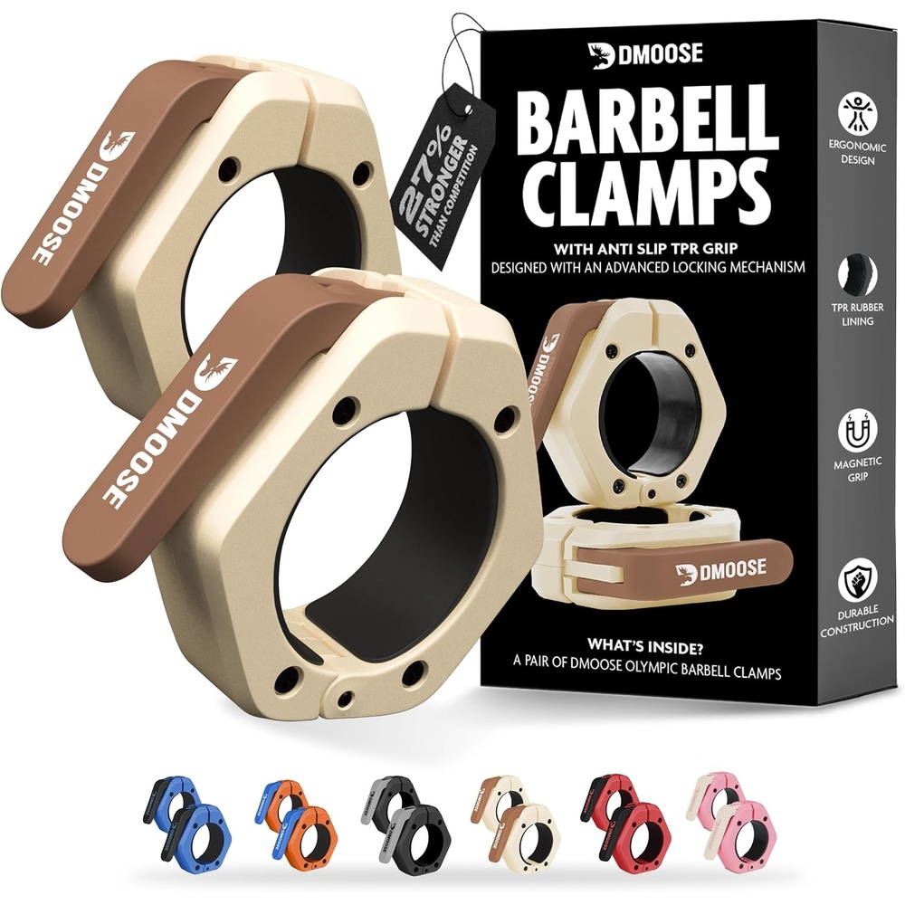 image:imageDMoose Fitness Barbell Clips 2 Inch Pair  Quick Release Olympic Barbell Clamps amp Collars with Anti Slip TPR Grip for Secure Weightlifting and Powerlifting  Weight Clips for Bars at Home or GymBeige