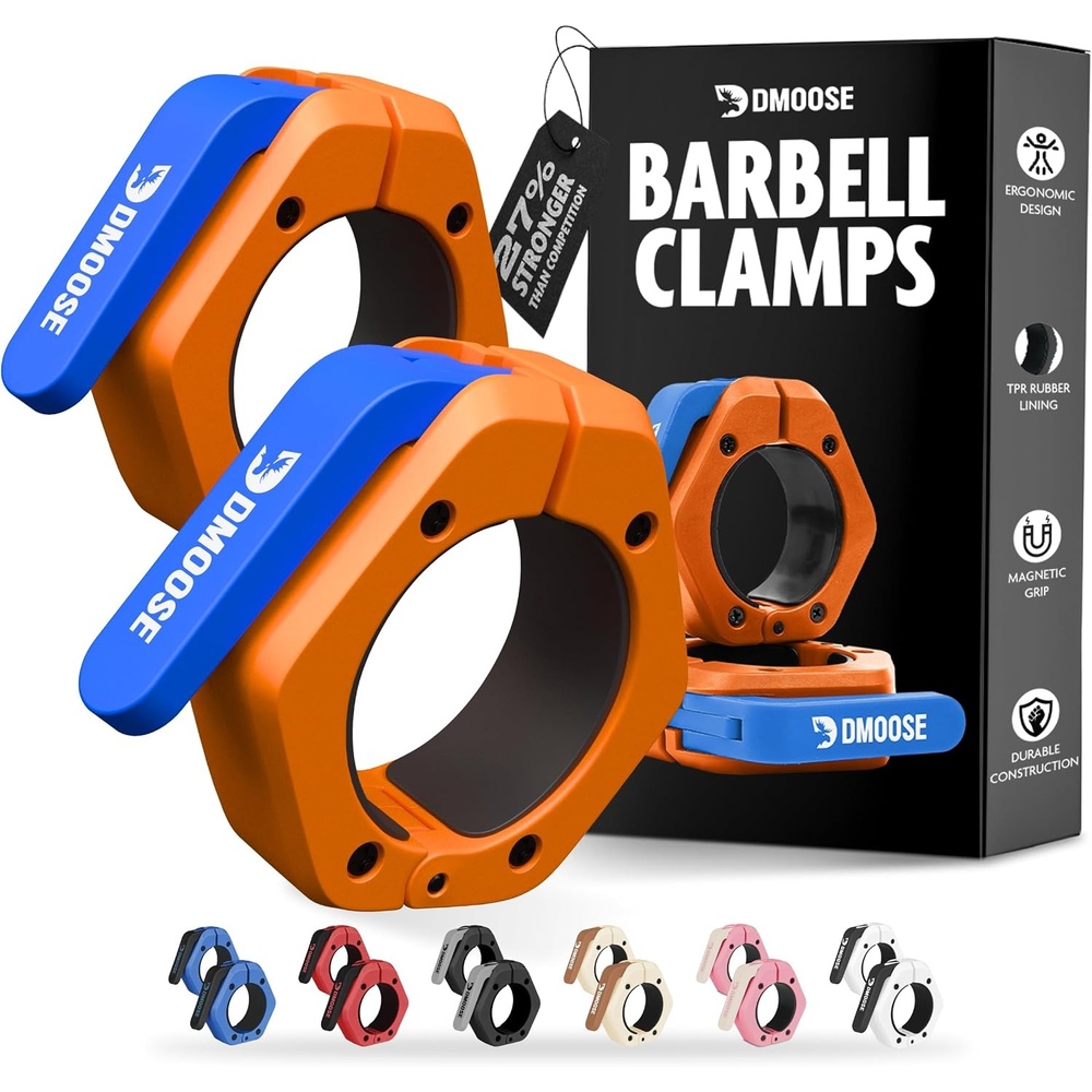 image:imageDMoose Fitness Barbell Clips 2 Inch Pair  Quick Release Olympic Barbell Clamps amp Collars with Anti Slip TPR Grip for Secure Weightlifting and Powerlifting  Weight Clips for Bars at Home or GymOrange
